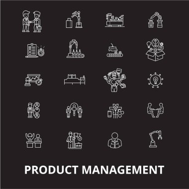 Proje Yönetimi simgeler düzenlenebilir satır simgeler vektör siyah arka plan üzerine ayarla. Proje Yönetimi simgeler beyaz anahat illüstrasyonlar, işaretler, semboller