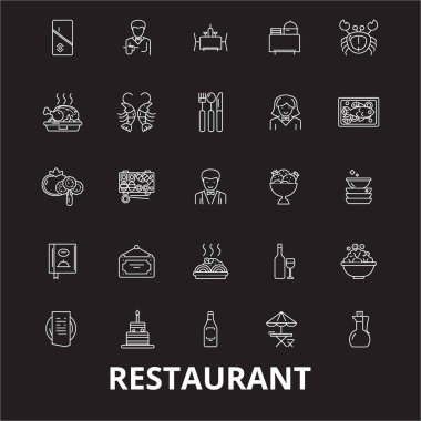Restoran düzenlenebilir satır simgeler kümesi siyah arka plan üzerine vektör. Restoran beyaz anahat illüstrasyonlar, işaretler, semboller