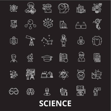 Bilim düzenlenebilir satır simgeler kümesi siyah arka plan üzerine vektör. Bilim beyaz anahat illüstrasyonlar, işaretler, semboller