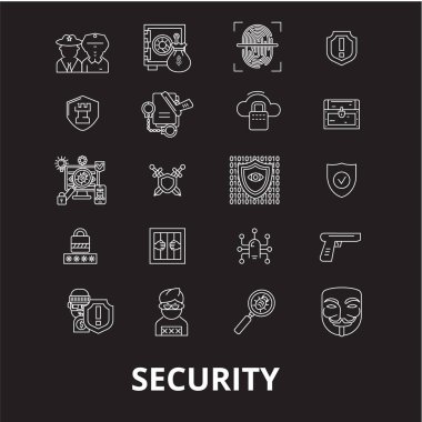 Güvenlik düzenlenebilir satır simgeler kümesi siyah arka plan üzerine vektör. Güvenlik beyaz anahat illüstrasyonlar, işaretler, semboller