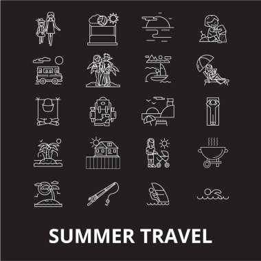 Yaz seyahat düzenlenebilir satır simgeler kümesi siyah arka plan üzerine vektör. Yaz seyahat beyaz anahat illüstrasyonlar, işaretler, semboller