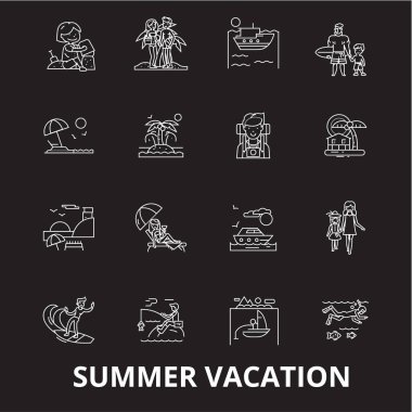 Yaz tatil düzenlenebilir satır simgeler kümesi siyah arka plan üzerine vektör. Yaz tatil beyaz anahat illüstrasyonlar, işaretler, semboller