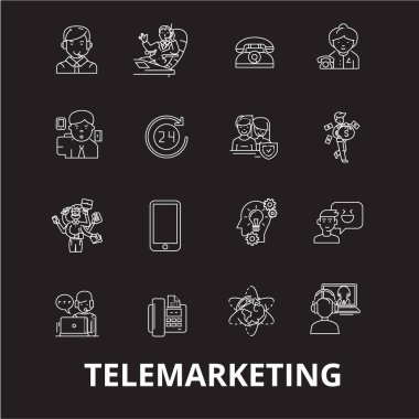 Telefonla satış düzenlenebilir satır simgeler kümesi siyah arka plan üzerine vektör. Telefonla satış beyaz anahat illüstrasyonlar, işaretler, semboller