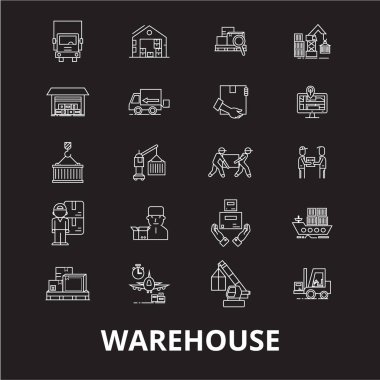 Ambar düzenlenebilir satır simgeler vektör siyah arka plan üzerine ayarla. Ambar beyaz anahat illüstrasyonlar, işaretler, semboller