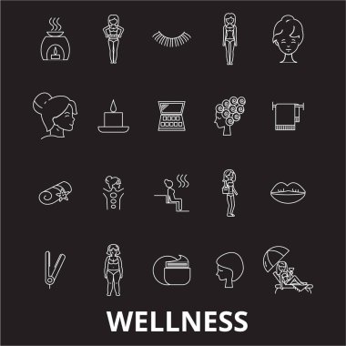 Sağlık düzenlenebilir satır simgeler kümesi siyah arka plan üzerine vektör. Sağlık beyaz anahat illüstrasyonlar, işaretler, semboller