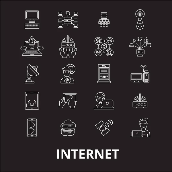 Internet linea modificabile icone vettoriale impostato su sfondo nero. Internet bianco contorno illustrazioni, segni, simboli — Vettoriale Stock