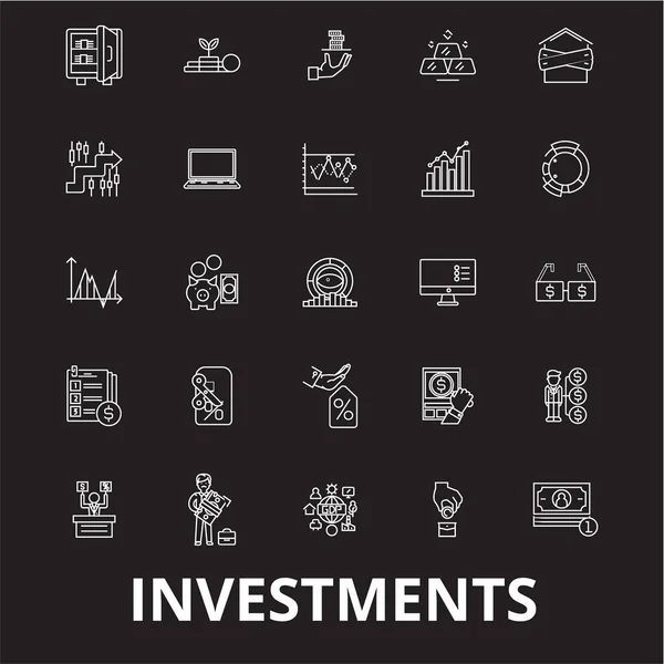 Investeringar redigerbara linje ikoner vektor set på svart bakgrund. Investeringar vit kontur illustrationer, tecken, symboler — Stock vektor