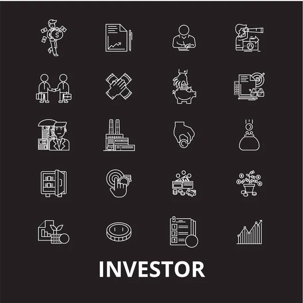 Investitore linea modificabile icone vettoriale impostato su sfondo nero. Illustrazioni, segni, simboli bianco investitore — Vettoriale Stock