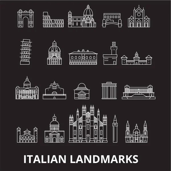 İtalyan landmakrs düzenlenebilir satır simgeler kümesi siyah arka plan üzerine vektör. İtalyan landmakrs beyaz anahat illüstrasyonlar, işaretler, semboller