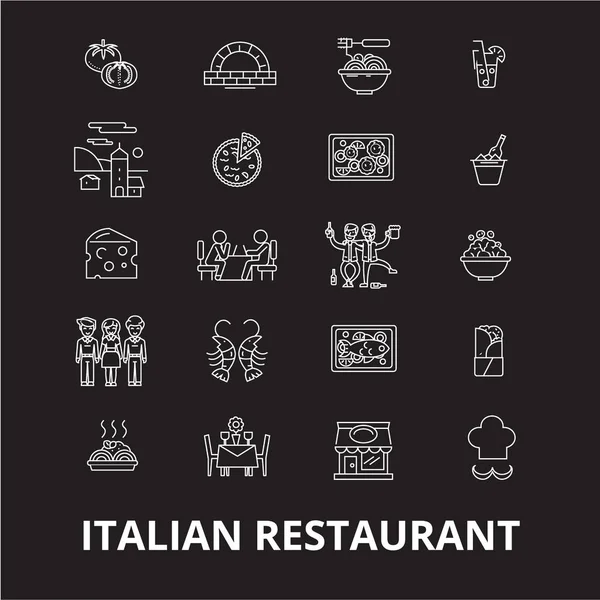 İtalyan restoranı düzenlenebilir satır simgeler kümesi siyah arka plan üzerine vektör. İtalyan restoranı beyaz anahat illüstrasyonlar, işaretler, semboller