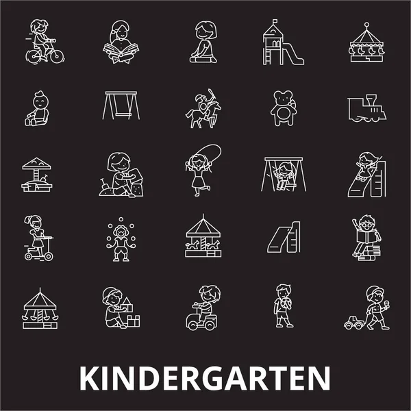 Anaokulu düzenlenebilir satır simgeler kümesi siyah arka plan üzerine vektör. Anaokulu beyaz anahat illüstrasyonlar, işaretler, semboller