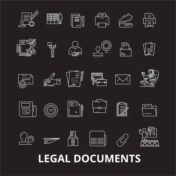 Documentos legales iconos de línea editables vector conjunto sobre fondo negro. Documentos legales esbozo blanco ilustraciones, signos, símbolos — Vector de stock