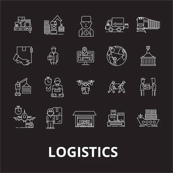Logistics επεξεργάσιμο γραμμή εικονίδια διάνυσμα σετ σε μαύρο φόντο. Logistics λευκό περίγραμμα εικονογραφήσεις, σημάδια, σύμβολα — Διανυσματικό Αρχείο