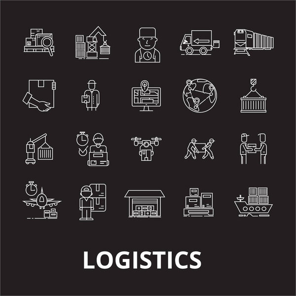 Logistics editable line icons vector set on black background. Logistics white outline illustrations, signs, symbols