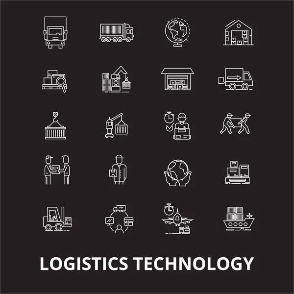 Teknologi logistik Vektor ikon garis yang dapat disunting diatur pada latar belakang hitam. Teknologi logistik ilustrasi garis putih, tanda, simbol - Stok Vektor
