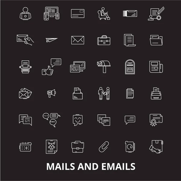 E-maily emaily upravitelné linie ikony vektor na černém pozadí. Maily e-maily Bílý obrys ilustrací, znamení, symboly — Stockový vektor