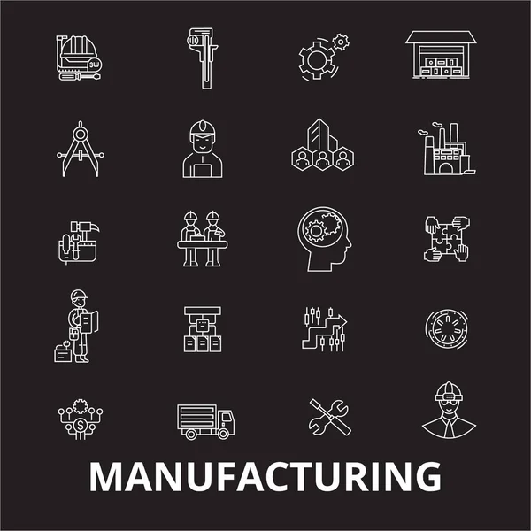 Manufacturing editable line icons vector set on black background. Manufacturing white outline illustrations, signs, symbols — Stock Vector