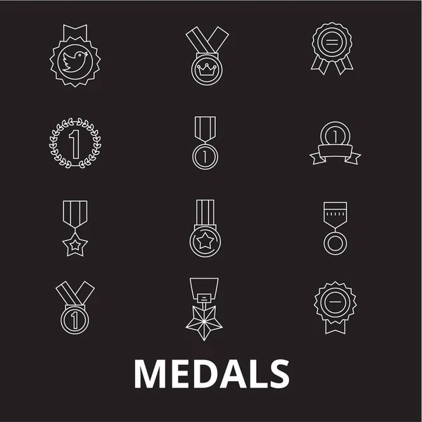 Medallas editable línea iconos vector conjunto sobre fondo negro. Medallas blanco esbozo ilustraciones, signos, símbolos — Vector de stock