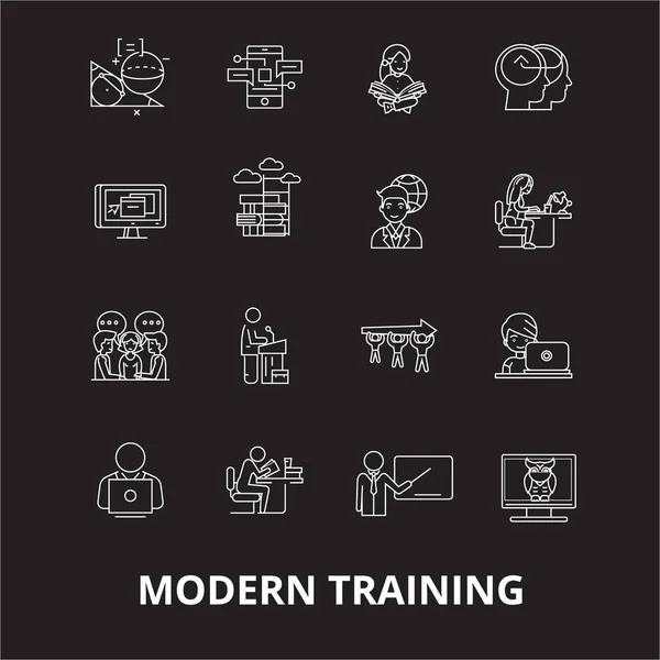 Modern training editable line icons vector set on black background. Modern training white outline illustrations, signs, symbols — Stock Vector