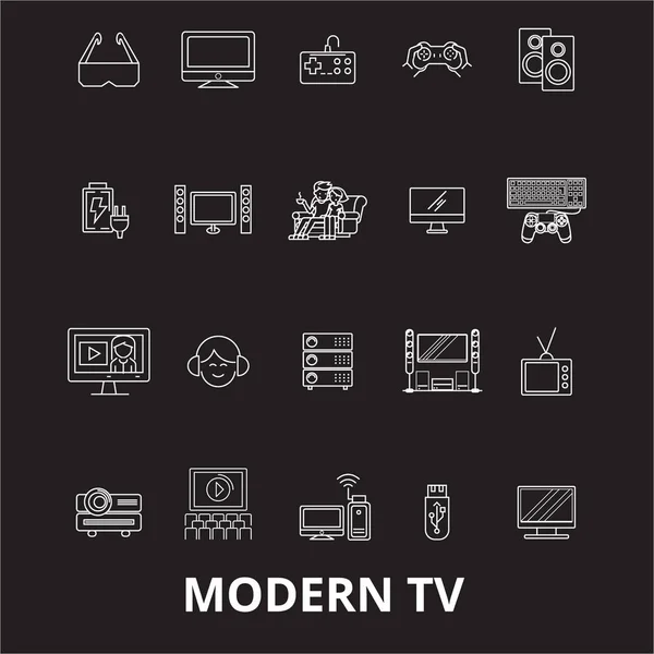 Modern tv szerkeszthető vonal ikonok vektoros készlet fekete háttér. Modern tv fehér szerkezeti ábrák, jelek, szimbólumok — Stock Vector