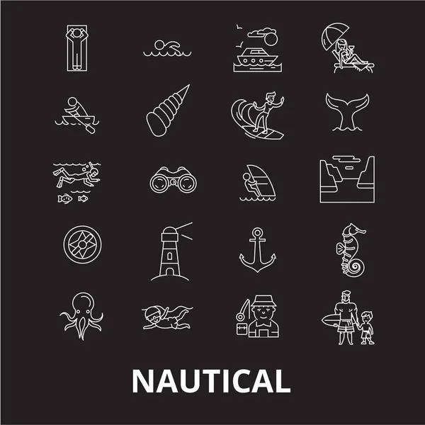 Nautica linea modificabile icone vettoriale impostato su sfondo nero. Illustrazioni, segni, simboli di contorno bianco nautico — Vettoriale Stock