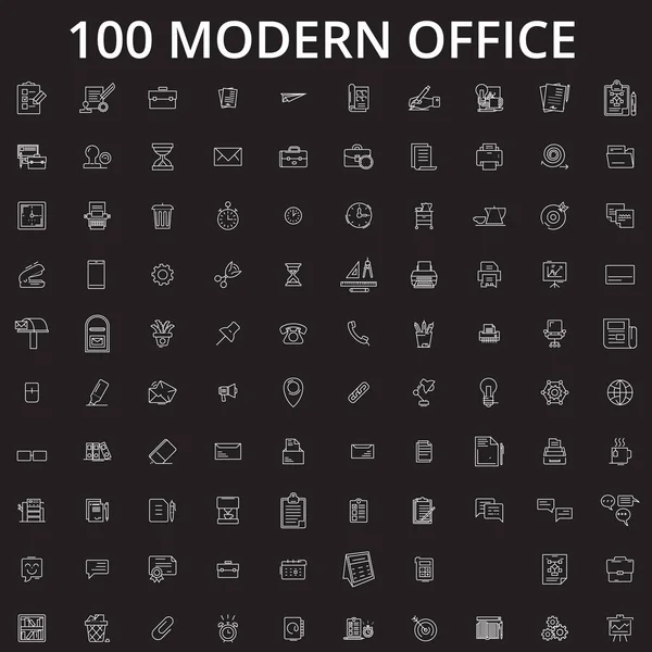 Ícones de linha editáveis Office vetor definido em fundo preto. Escritório branco esboço ilustrações, sinais, símbolos — Vetor de Stock