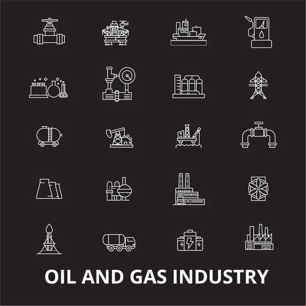 Iconos de línea editables de la industria del petróleo y el gas sobre fondo negro. Industria del petróleo y el gas esbozo blanco ilustraciones, signos, símbolos — Vector de stock