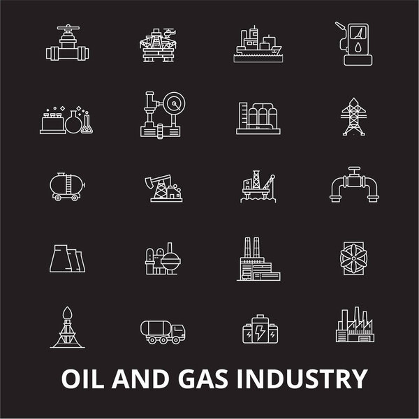 Редактируемые иконки для нефтегазовой отрасли устанавливаются на черном фоне. Белые очертания, знаки, символы нефтегазовой отрасли
