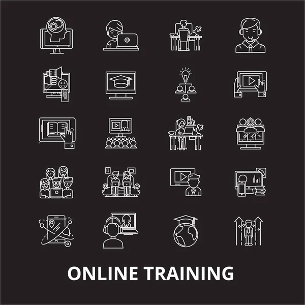 Szkolenie online linii można edytować ikony wektor zestaw na czarnym tle. Szkolenie online ilustracje biały kontur, znaków i symboli — Wektor stockowy