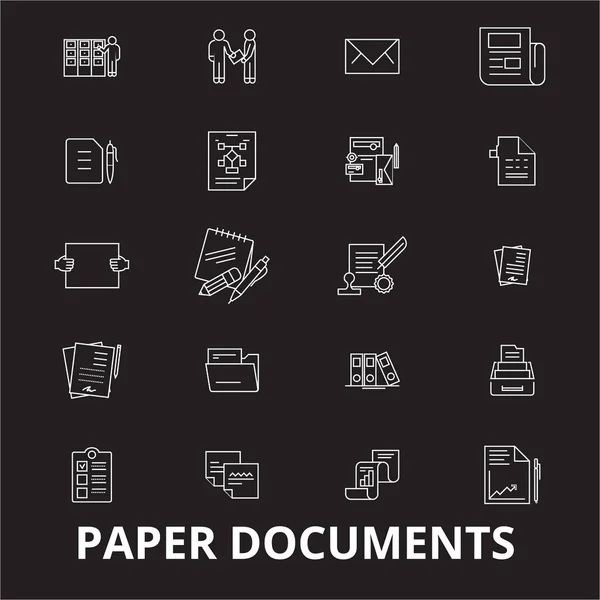 Papieren documenten bewerkbare lijn iconen vector set op zwarte achtergrond. Papierdocumenten wit schetsen illustraties, tekenen, symbolen — Stockvector