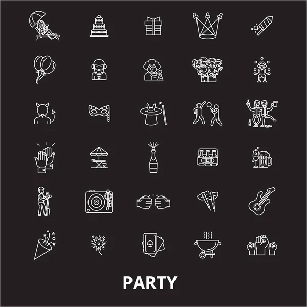 Parti düzenlenebilir satır simgeler kümesi siyah arka plan üzerine vektör. Party beyaz anahat çizimler, işaretler, semboller