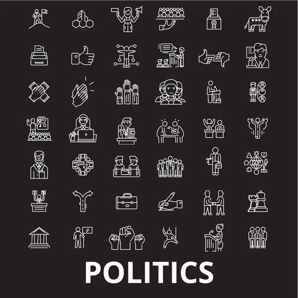 Política editável linha ícones vetor definido no fundo preto. Política esboço branco ilustrações, sinais, símbolos —  Vetores de Stock