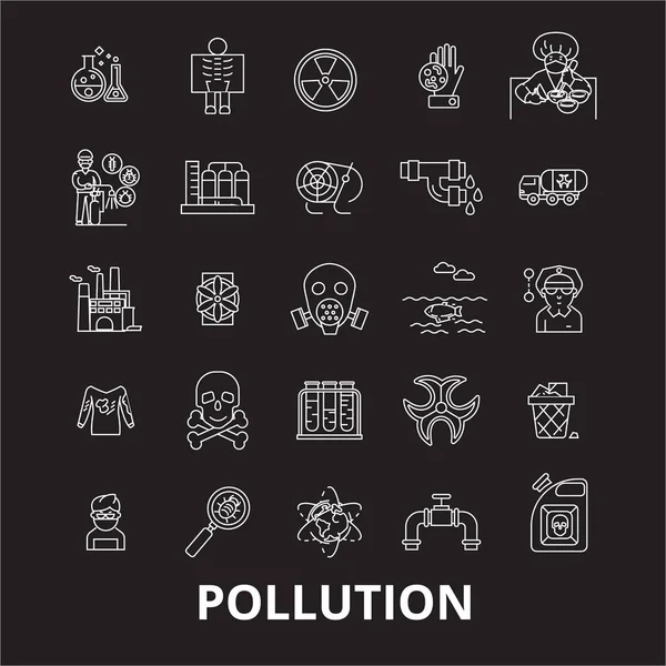 Pollution editable line icons vector set on black background. Pollution white outline illustrations, signs, symbols — Stock Vector