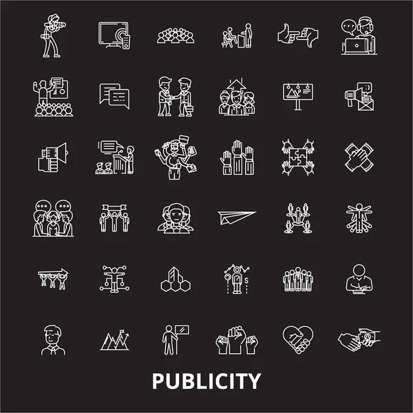 Publicidad editable línea iconos vector conjunto sobre fondo negro. Publicidad esbozo blanco ilustraciones, signos, símbolos — Vector de stock