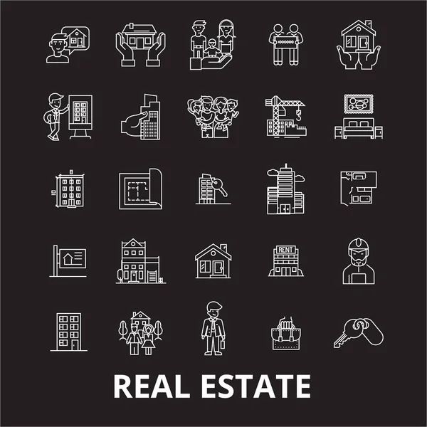 Редактируемые иконки объектов недвижимости на черном фоне. Белые контуры объектов недвижимости иллюстрации, знаки, символы — стоковый вектор