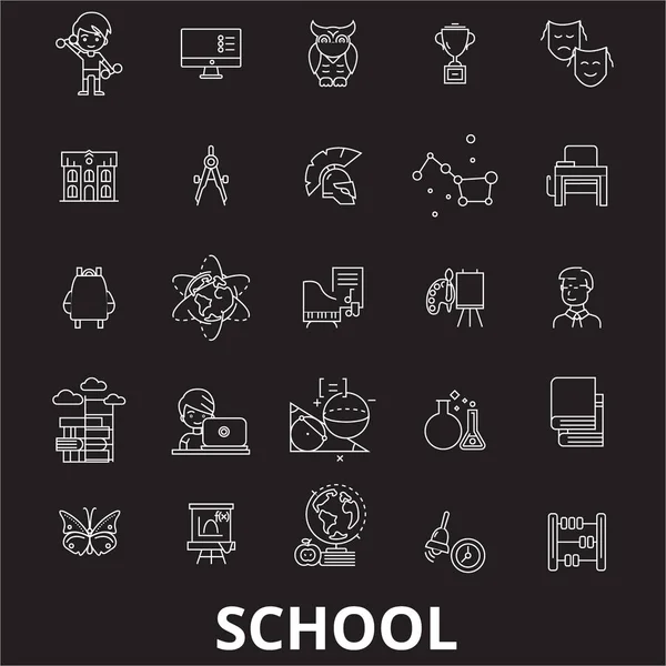 Schule editierbare Zeilensymbole Vektor auf schwarzem Hintergrund eingestellt. Schule weiße Umrisse Abbildungen, Zeichen, Symbole — Stockvektor