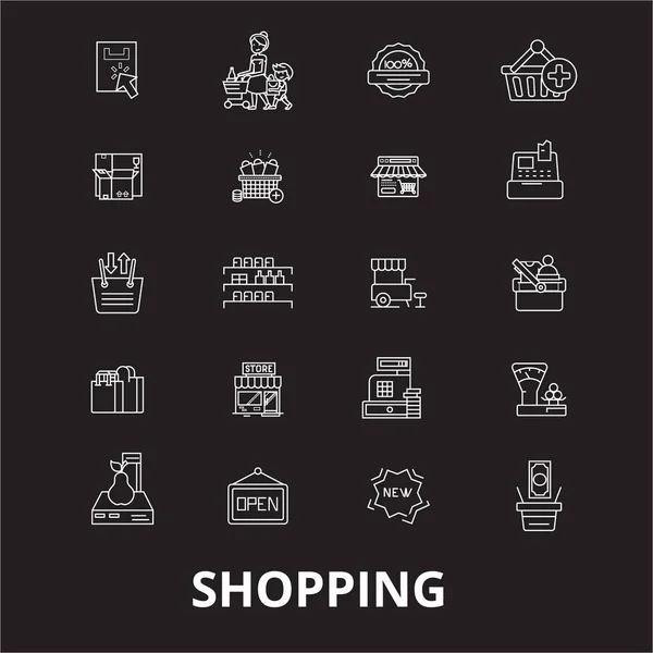 Compras editable línea iconos vector conjunto sobre fondo negro. Compras esbozo blanco ilustraciones, signos, símbolos — Vector de stock