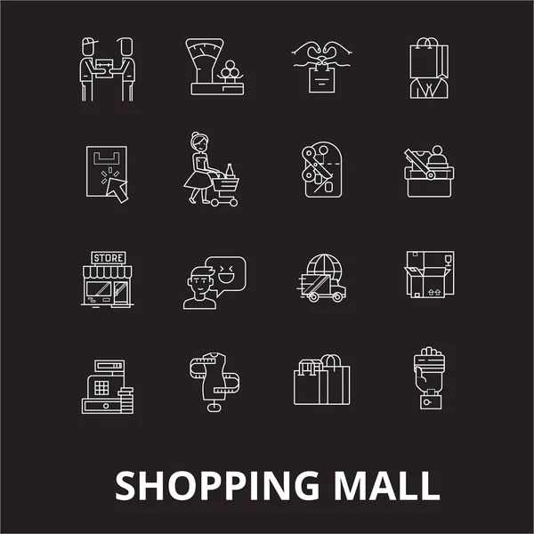 Shopping mall szerkeszthető vonal ikonok vektoros készlet fekete háttér. Shopping mall fehér szerkezeti illusztrációk, jelek, szimbólumok — Stock Vector