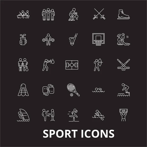 Sport linea modificabile icone vettoriale impostato su sfondo nero. Sport bianco contorno illustrazioni, segni, simboli — Vettoriale Stock
