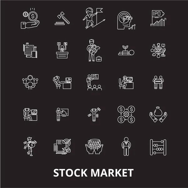 Börse editierbare Zeilensymbole Vektor auf schwarzem Hintergrund eingestellt. Aktienmarkt weiße Umrisse Illustrationen, Zeichen, Symbole — Stockvektor