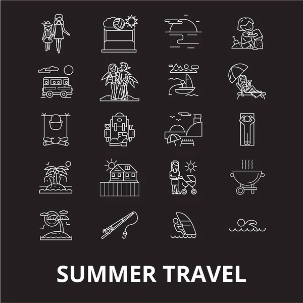 Yaz seyahat düzenlenebilir satır simgeler kümesi siyah arka plan üzerine vektör. Yaz seyahat beyaz anahat illüstrasyonlar, işaretler, semboller