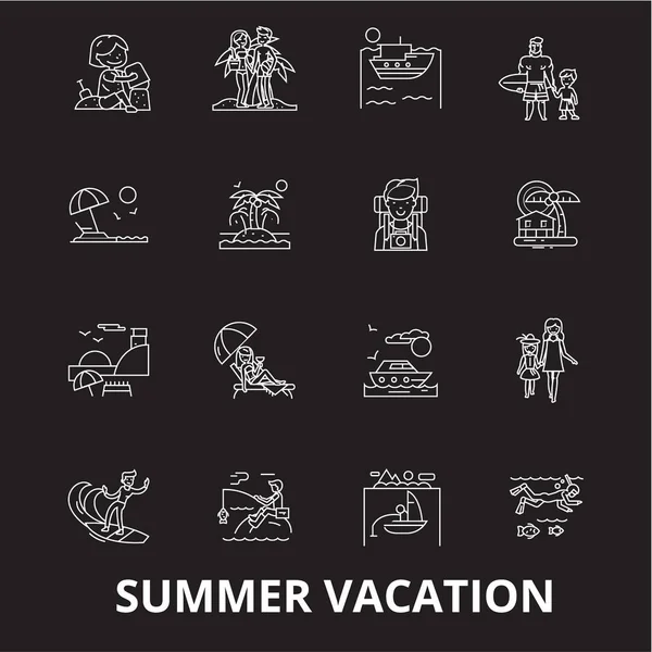 Yaz tatil düzenlenebilir satır simgeler kümesi siyah arka plan üzerine vektör. Yaz tatil beyaz anahat illüstrasyonlar, işaretler, semboller