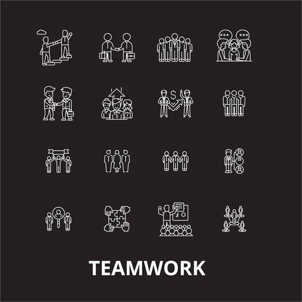 Teamwork editierbare Zeilensymbole Vektor auf schwarzem Hintergrund eingestellt. Teamwork weiße Umrisse Illustrationen, Schilder, Symbole — Stockvektor