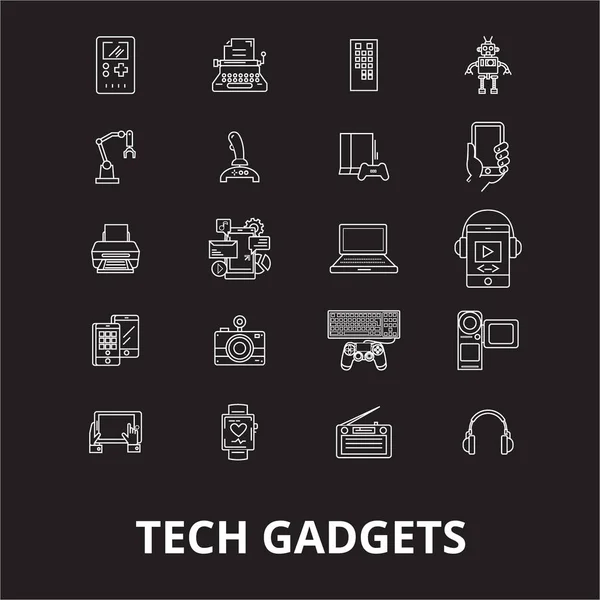 Gadgets Tech ligne modifiable icônes vecteur réglé sur fond noir. gadgets Tech contour blanc illustrations, signes, symboles — Image vectorielle