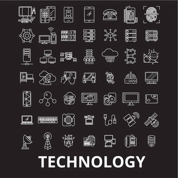 Teknoloji düzenlenebilir satır simgeleri set siyah arka plan üzerinde vektör. Teknoloji beyaz anahat illüstrasyonlar, işaretler, semboller
