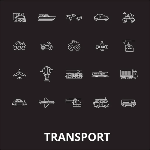 Transporte editável linha ícones vetor definido no fundo preto. Transporte esboço branco ilustrações, sinais, símbolos — Vetor de Stock