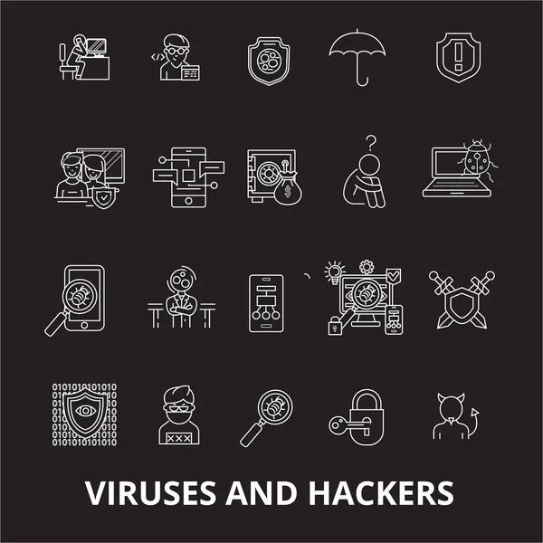 Virus och hackare redigerbara linje ikoner vektor set på svart bakgrund. Virus och hackare vit kontur illustrationer, tecken, symboler — Stock vektor