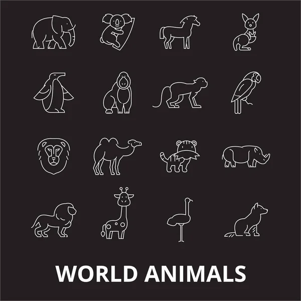 世界动物可编辑的线图标矢量设置在黑色背景。世界动物白色轮廓例证, 标志, 标志 — 图库矢量图片