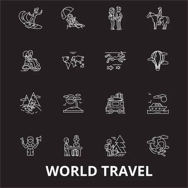 Wereld reizen bewerkbare lijn iconen vector ingesteld op zwarte achtergrond. Wereld reizen witte contouren illustraties, tekenen, symbolen — Stockvector