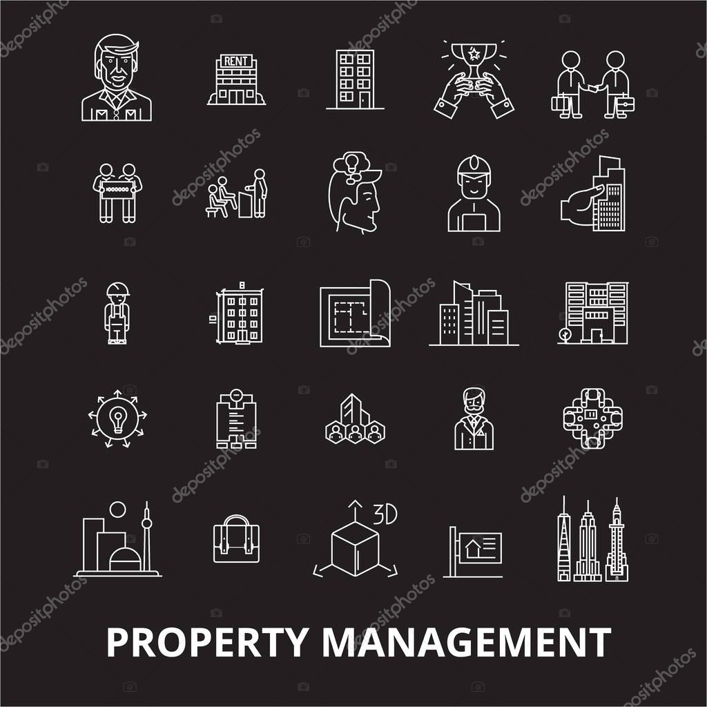 Property management editable line icons vector set on black background. Property management white outline illustrations, signs,symbols
